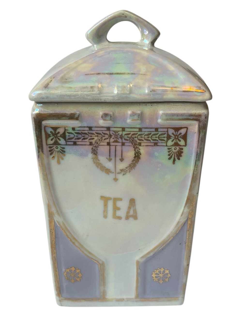 Antique White Block Germany Tea Canister Lid Gold Trim Iridescent Lusterware